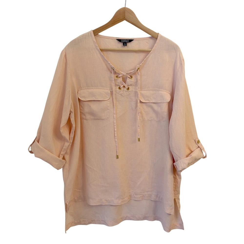 Company Ellen Tracy Linen Tunic Top Women XL Coastal Roll Tab Sleeve Relaxed Fit